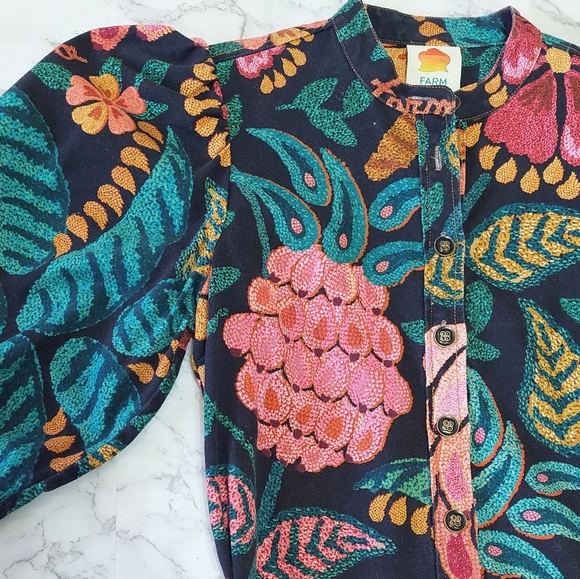 FARM Rio Black Floral Print Flowerdoscopic Puff Sleeve Midi Dress, Size XS - Picture 5 of 12